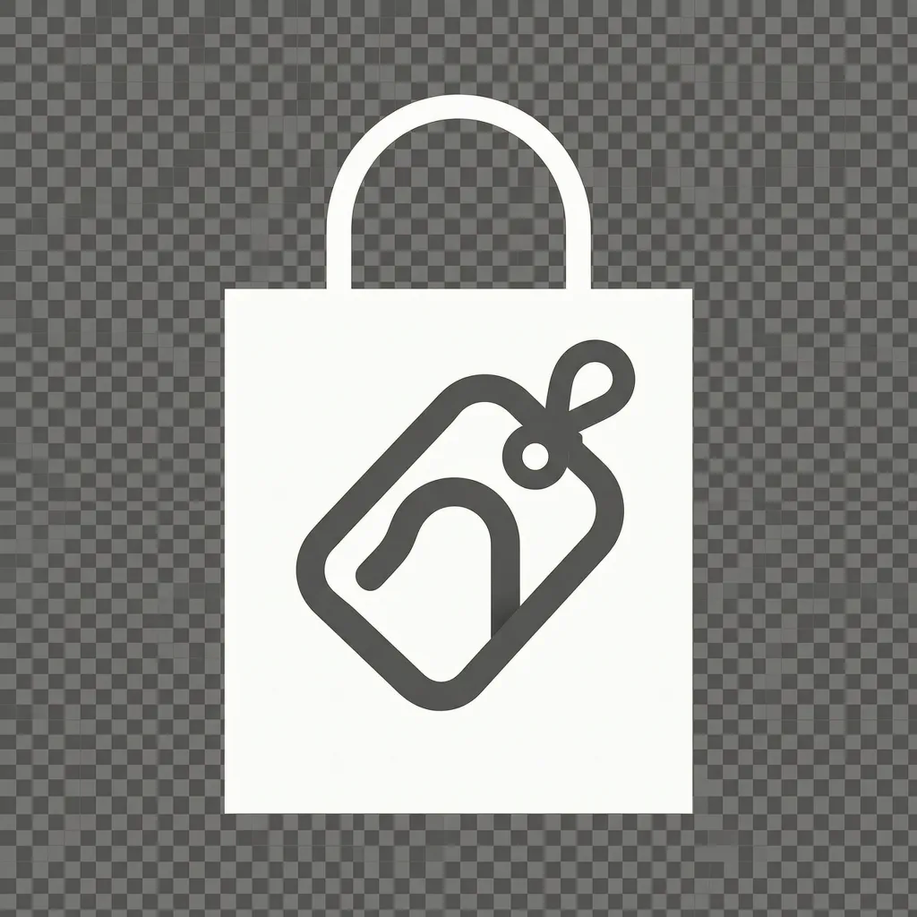 White flat design shopping bag with tag glyph centered on transparent background