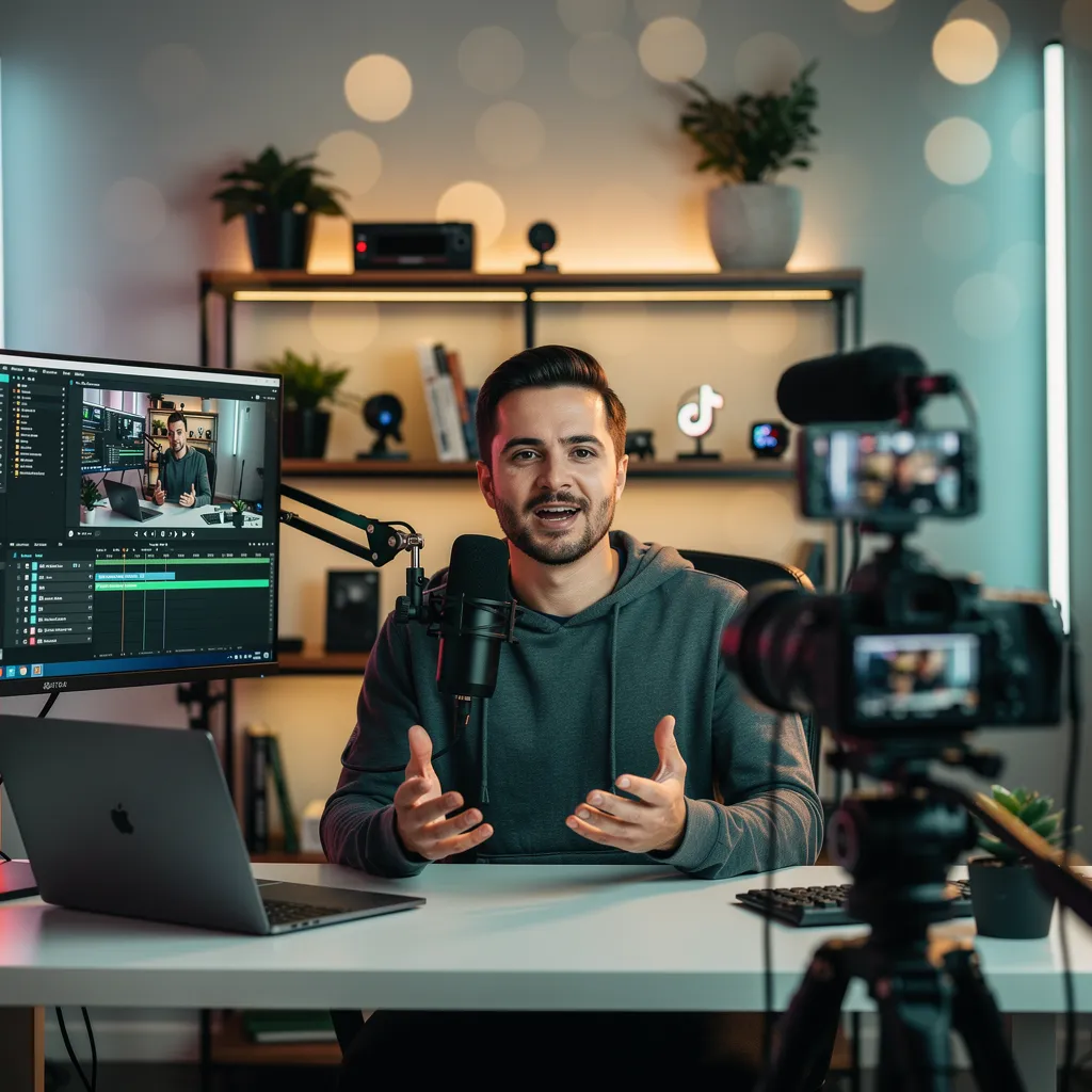 デスク環境で、TikTokやYouTube向けに21:9ワイドスクリーンのプロっぽいシネマティック動画を制作しているコンテンツクリエイター。