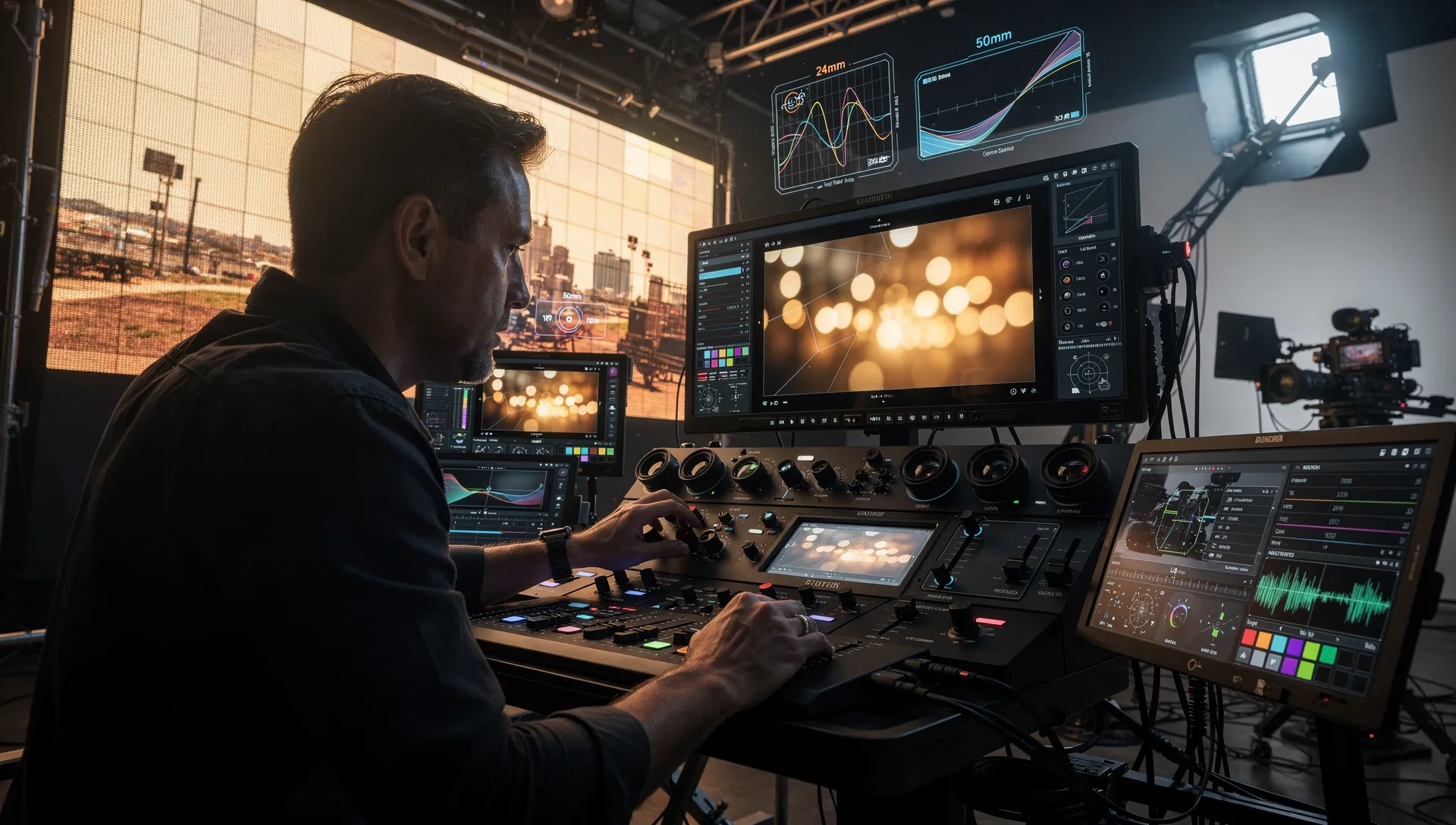 高度なカメラコントロールを使い、レンズタイプを選択しているプロの映画監督が、ドラマチックなローアングルライティングのシネマティックな撮影セットにいる様子。