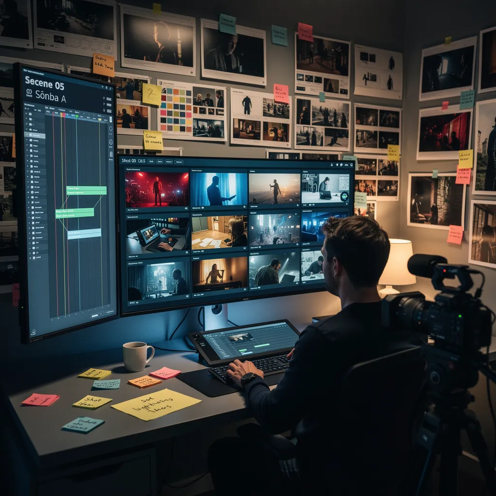 AIツールでシネマティックなシーンをプリビズとして可視化し、大型モニターでコンセプトビジュアルを確認しているインディペンデント映画監督。