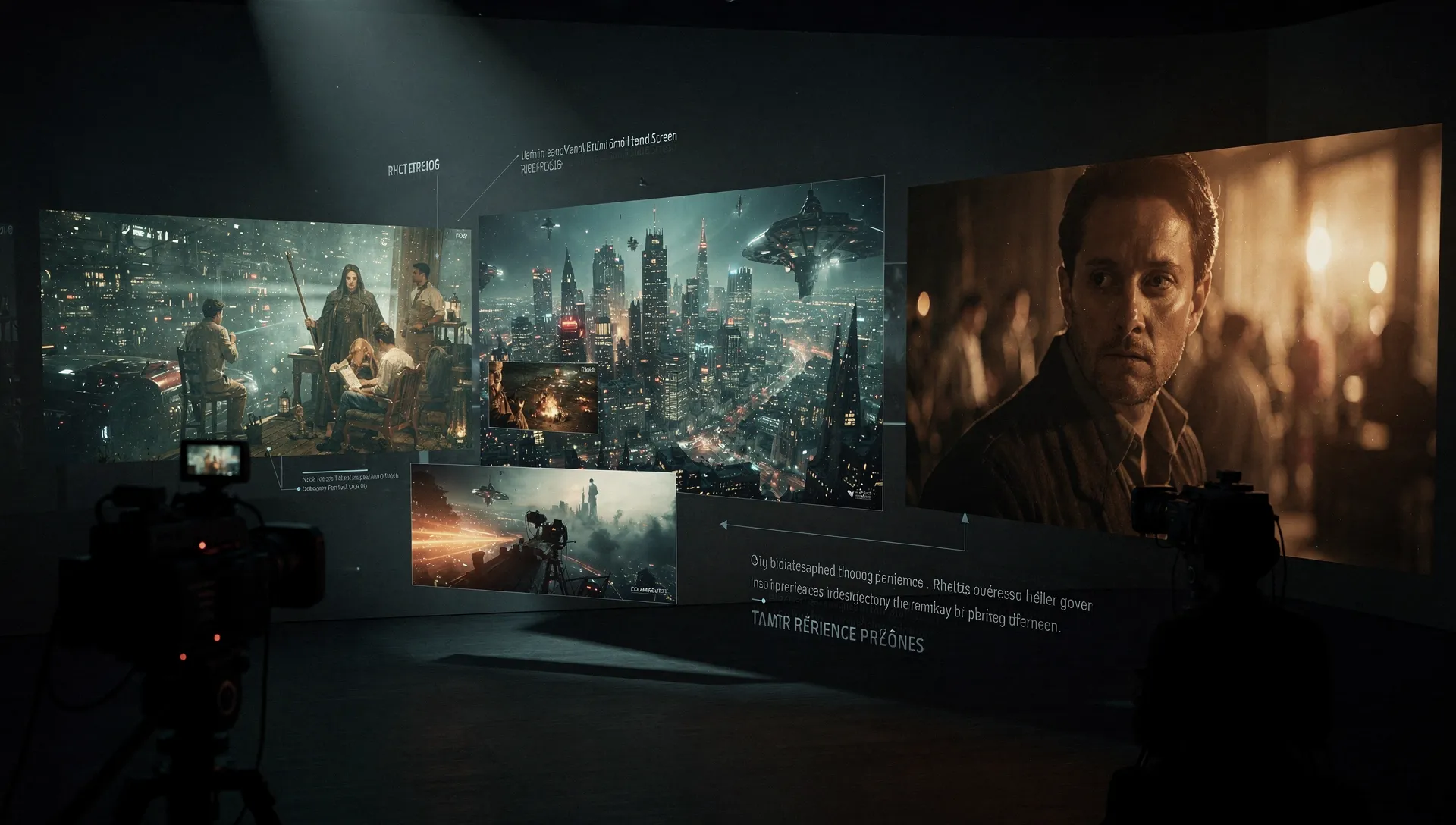 テキストプロンプトが変化して、ドラマチックなライティングとプロレベルのシネマトグラフィーによるワイドスクリーン21:9の映画シーンへと変わっていくシネマティックな映像制作シーン。