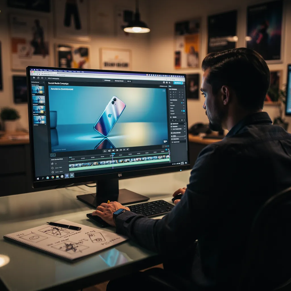 コンピュータ画面上のAI動画生成技術を使って、シネマティック品質のプロダクトデモ動画を制作しているマーケティング担当者。