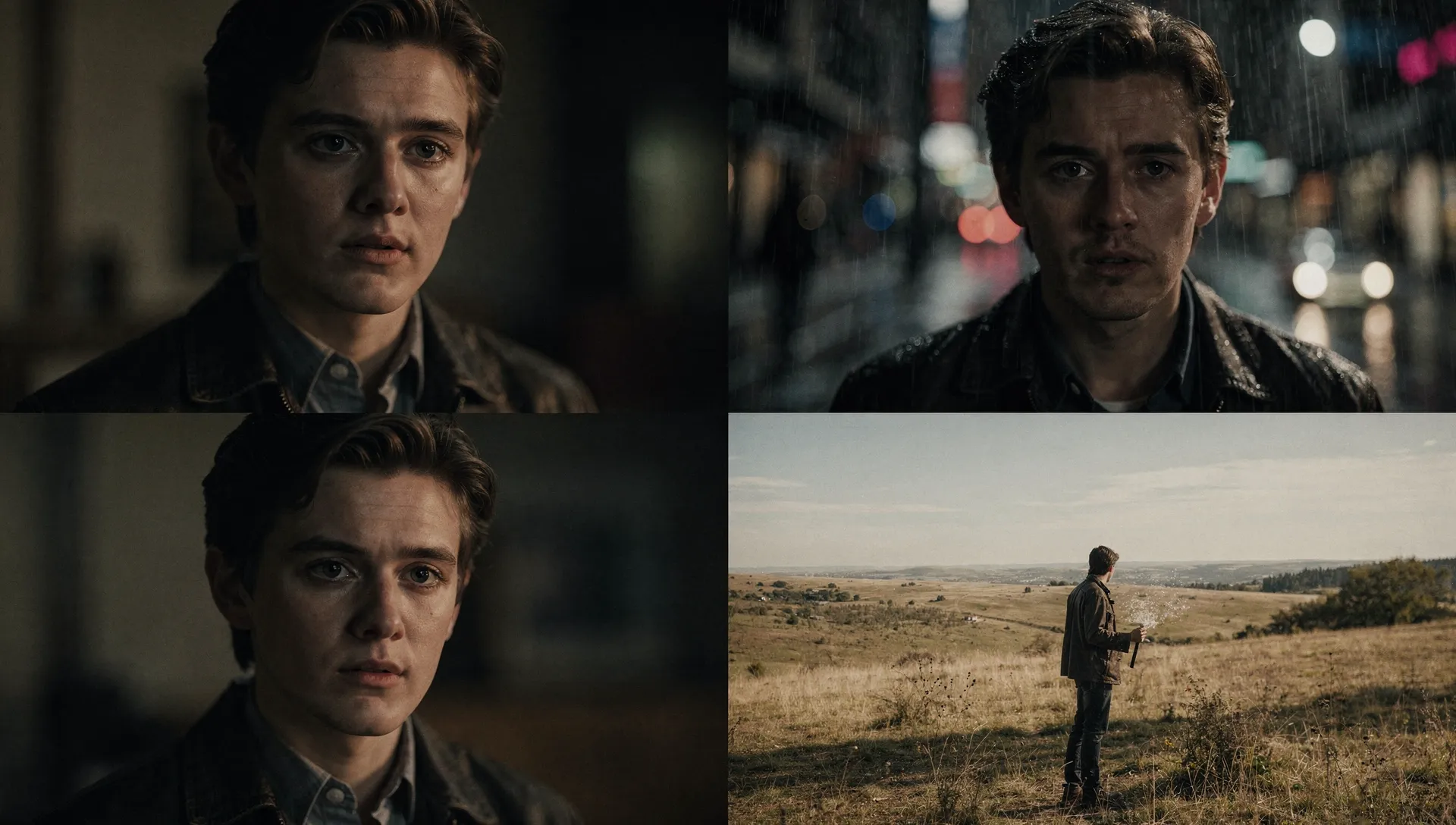 同じAI生成キャラクターが、顔や表情の一貫性を保ったまま、複数の異なるシネマティックシーンに登場している様子。