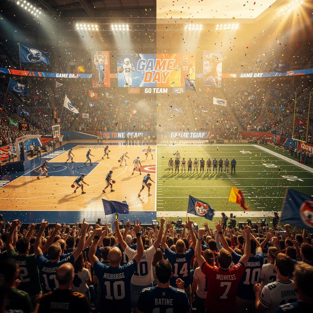 Atmosfera da partita con highlight di basket e football, pubblico in delirio ed epiche visual hype sportive.
