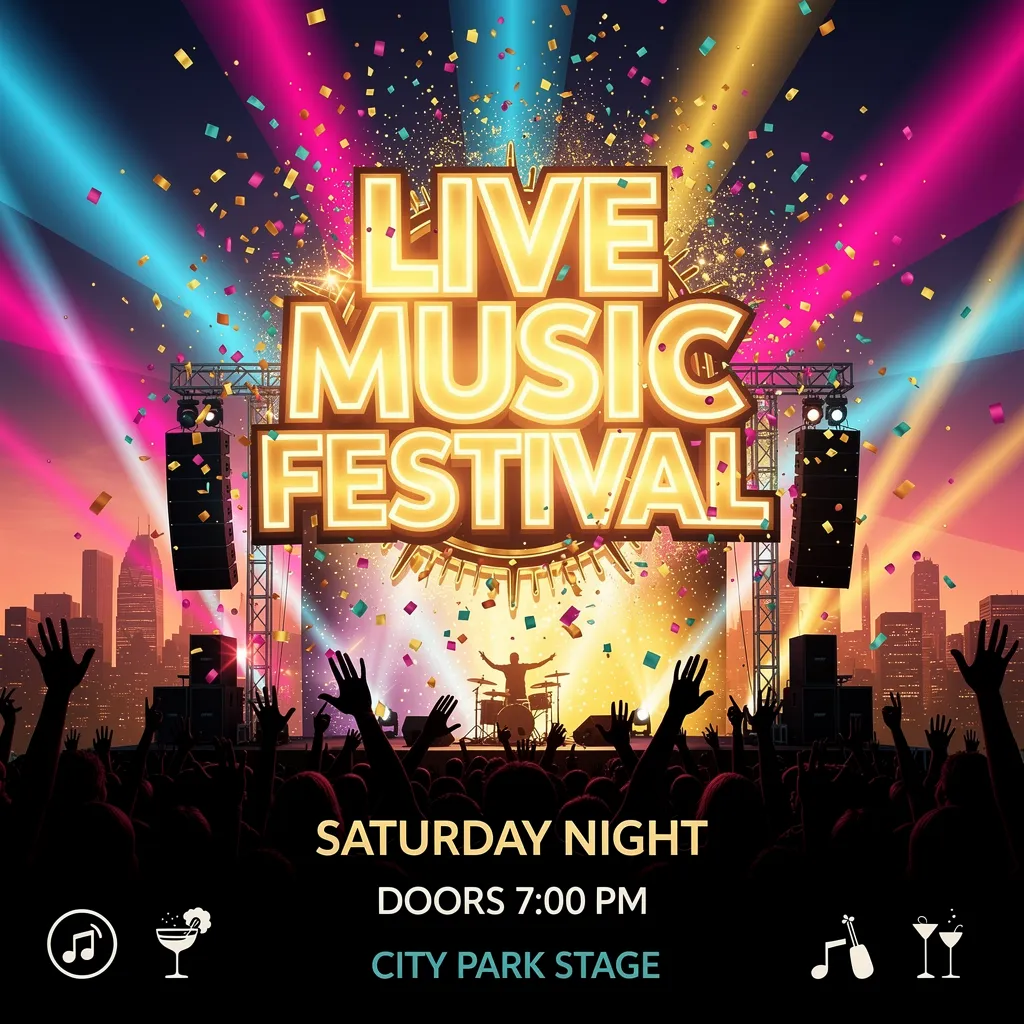 Poster di promozione evento con atmosfera da concerto e festival, coriandoli, luci e visual promozionali vivaci.
