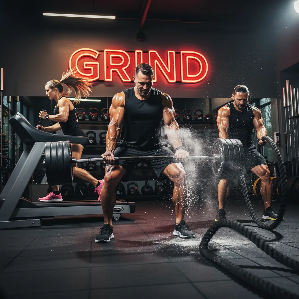 Motivazione fitness ed energia da allenamento con visual di palestra ed esercizi, training intenso e immagini di workout potenti.