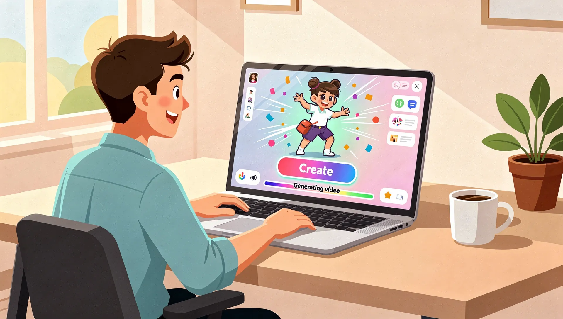 Una persona che crea facilmente un video di twerk divertente su laptop con un’interfaccia semplice a un clic e una schermata app colorata in un ambiente di lavoro moderno.