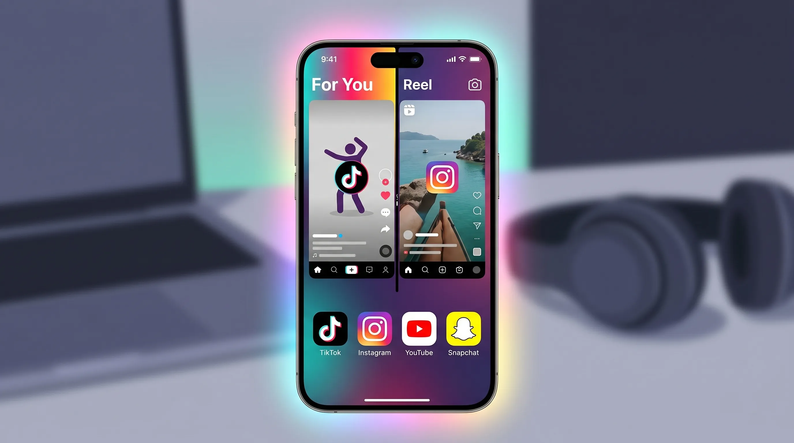Smartphone moderno che mostra le app social TikTok e Instagram con icone colorate su uno schermo elegante.