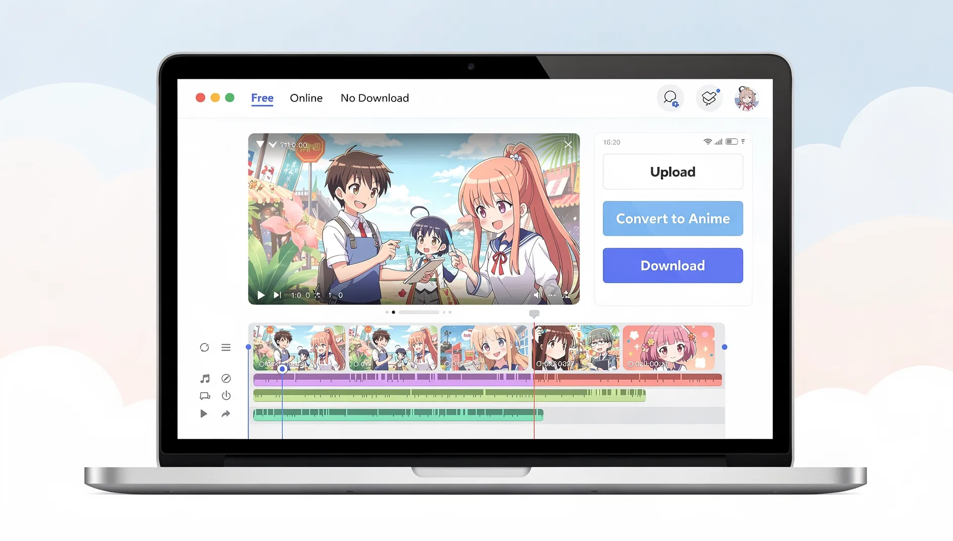 Free online anime converter accessible through web browser without downloads or installations.