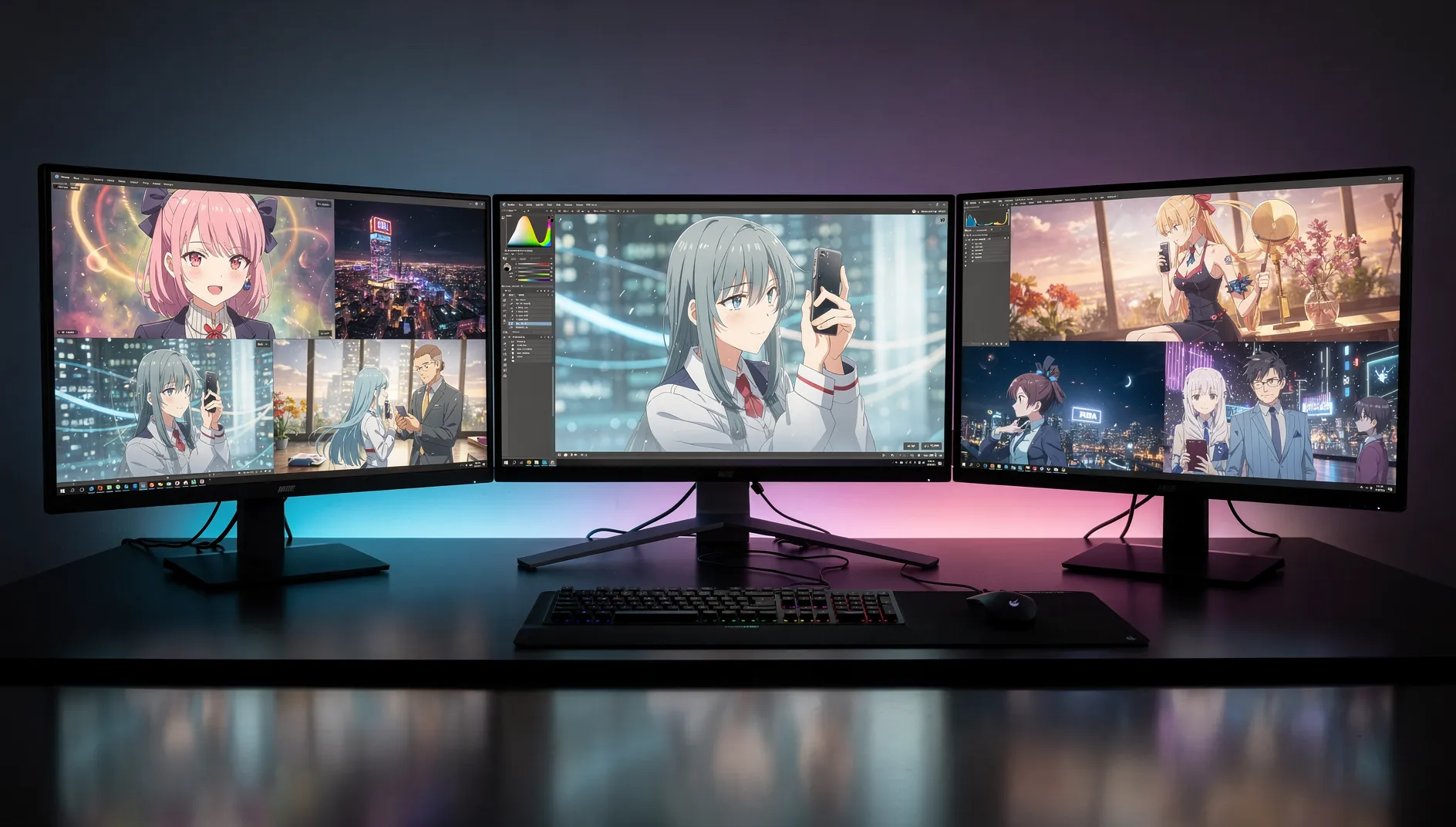 Salida de video anime en alta definición mostrada en múltiples pantallas con calidad profesional y gran nitidez visual.