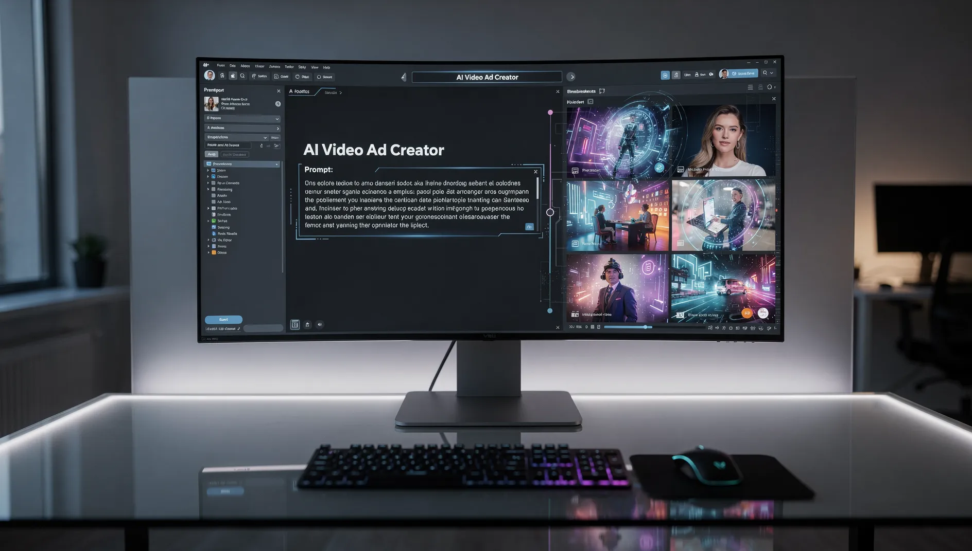 AI creating video advertisement from text prompt on computer screen with futuristic interface showing video frames