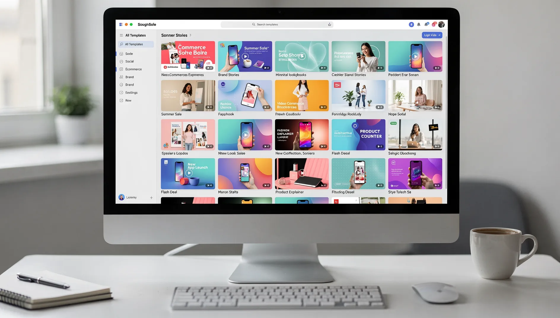 Large library of video advertisement templates on computer screen with various styles and layouts shown