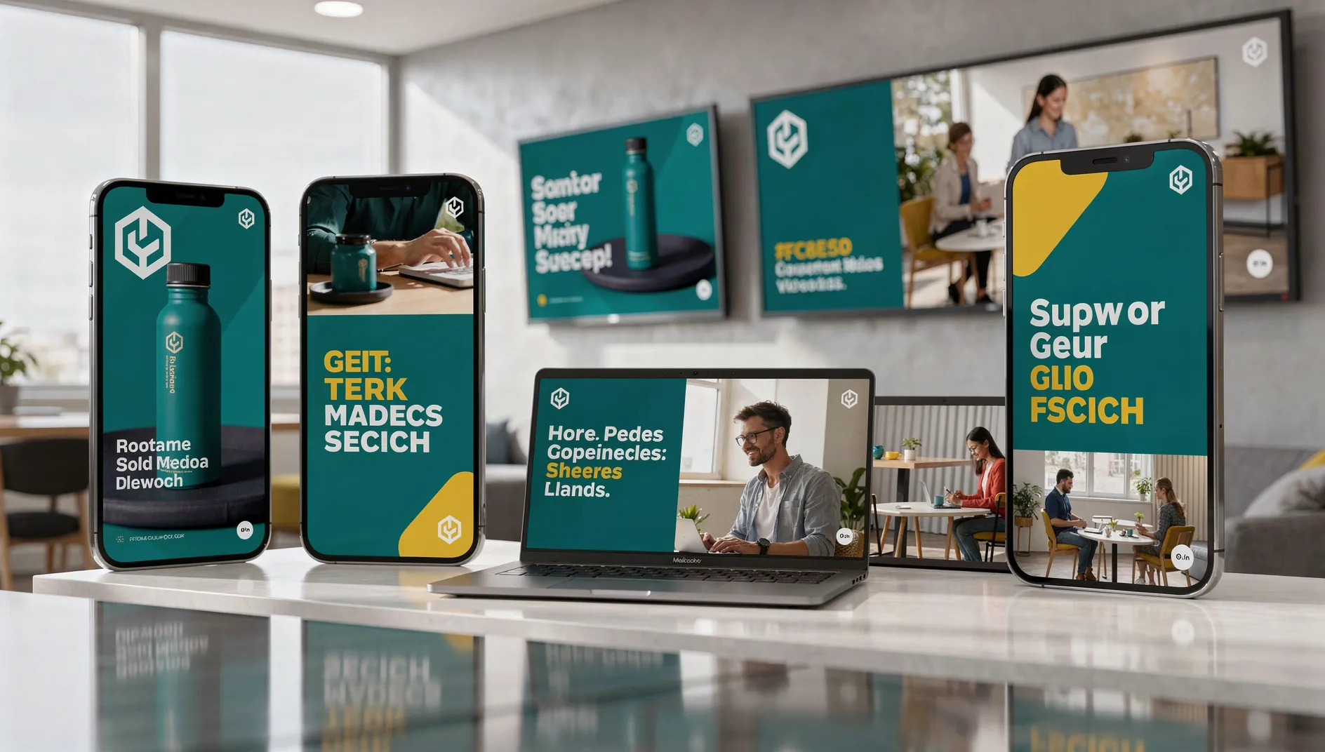 Brand consistency across multiple video ads on social media screens with same colors and logo visible