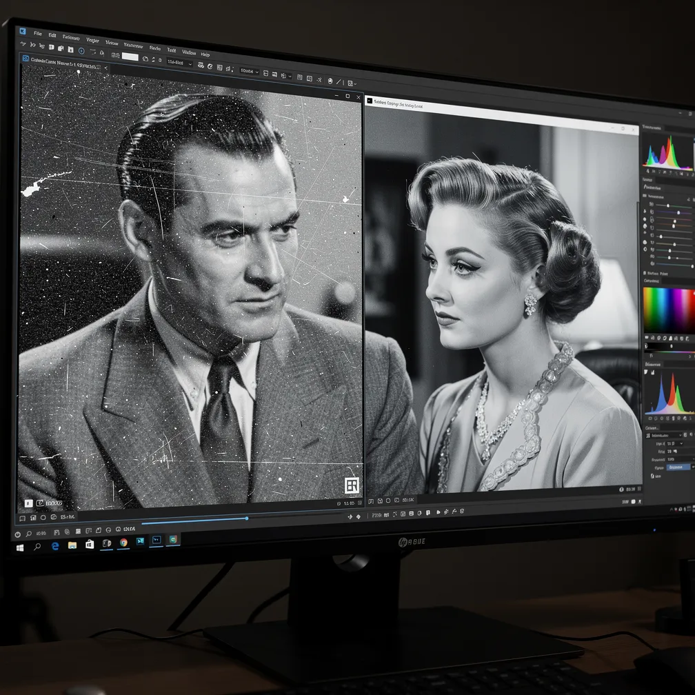 Old vintage footage being restored with grain and noise being removed from historical video, enhancing quality from degraded sources.