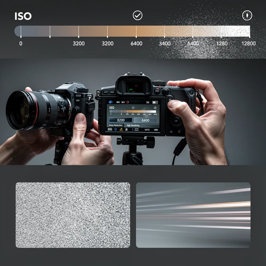 Camera ISO settings being adjusted with high ISO grainy video being cleaned to show professional footage quality improvement.