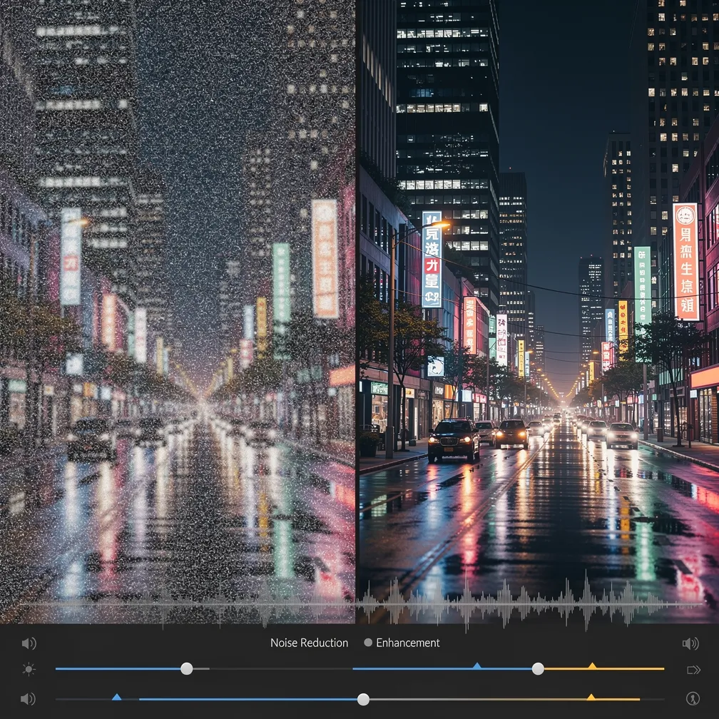 Night cityscape video footage with noise being removed from a low-light urban scene, transforming grainy footage into clean clear video.