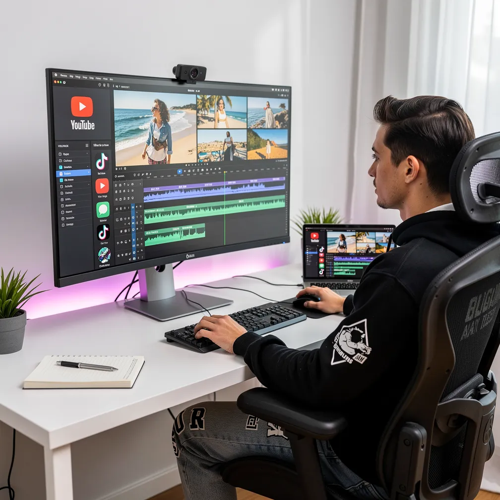 Content creator workspace showing AI vlog generation for YouTube and TikTok with modern video production setup without camera equipment