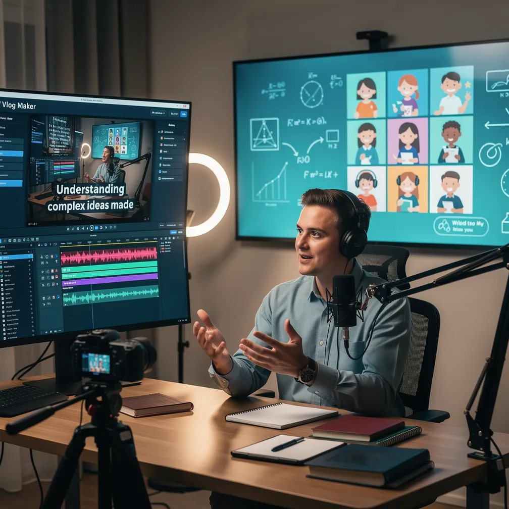 Educator creating AI-generated educational video stories for online learning with voiceovers and subtitles in a digital classroom