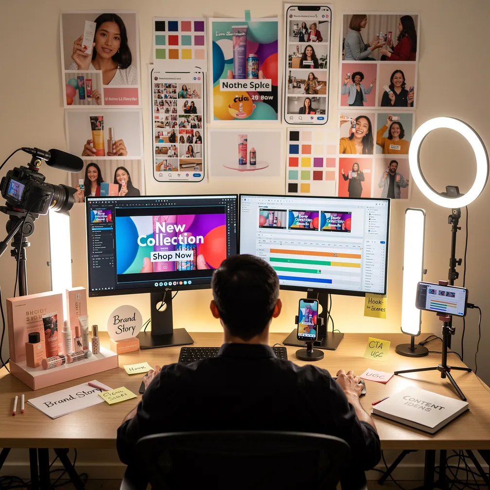 Social media marketing workspace with AI-generated promotional vlogs and brand content for social platforms and product showcases