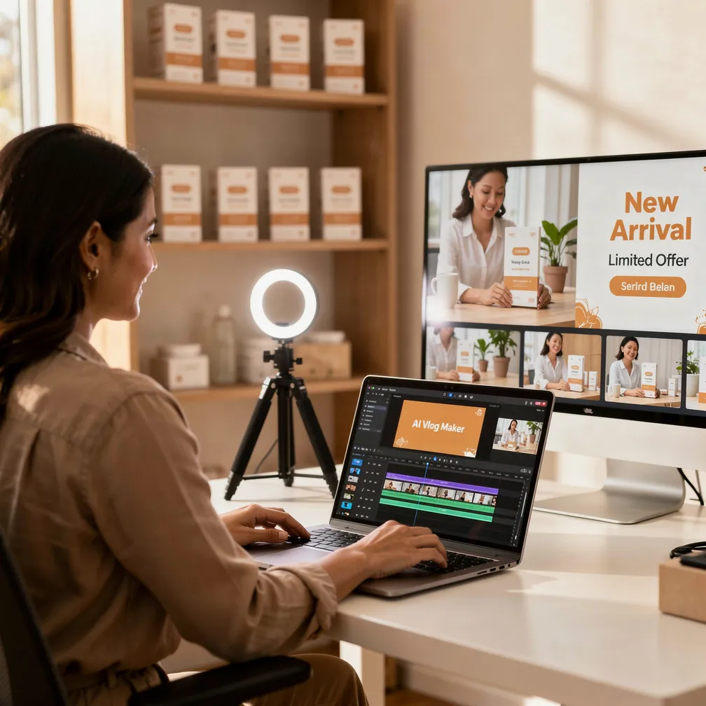 Small business owner creating professional brand content and product demos using AI vlog maker without expensive video equipment