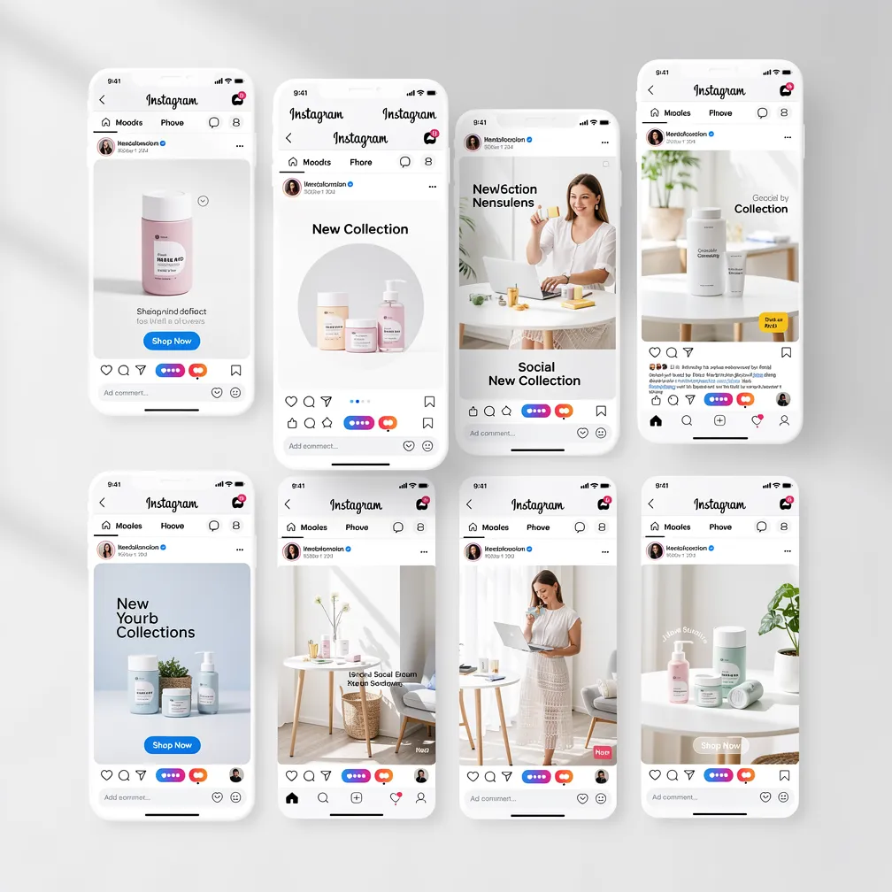 Social media ad creative variations with multiple product image layouts for A/B testing