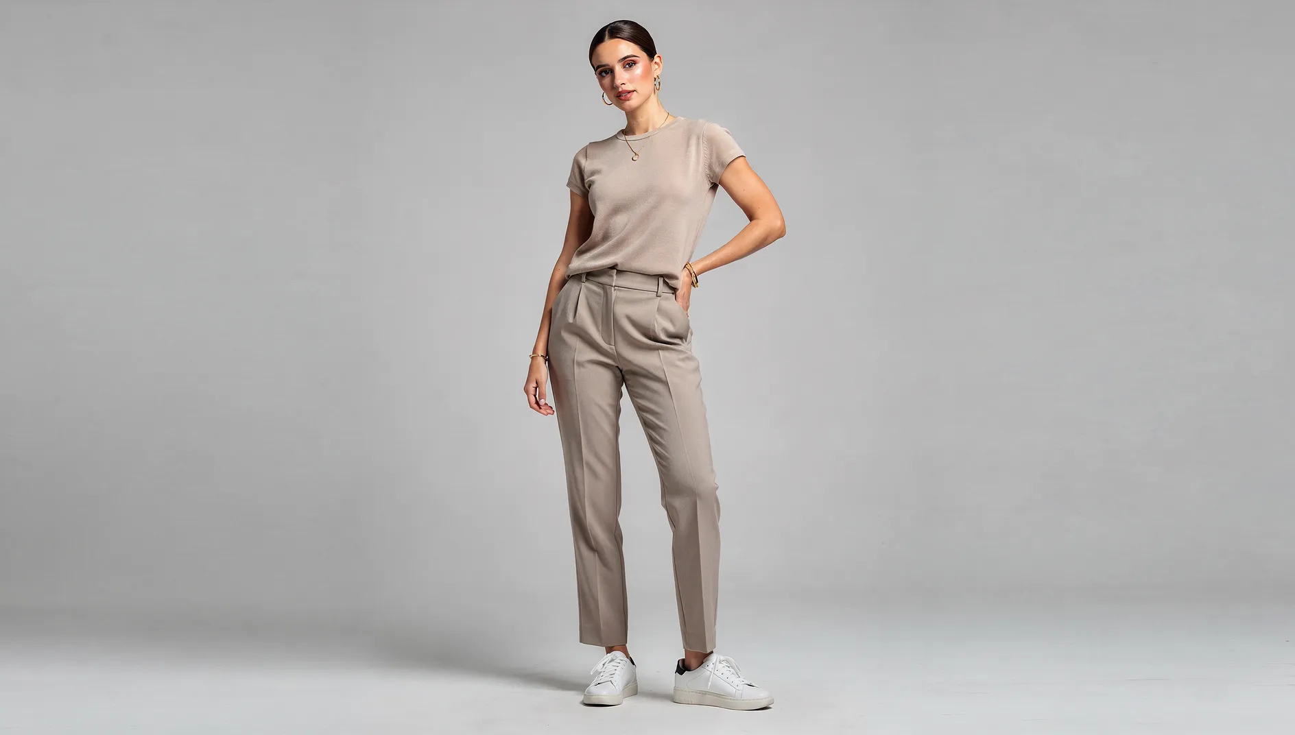 Realistic AI-generated fashion model wearing stylish clothing in professional studio setting
