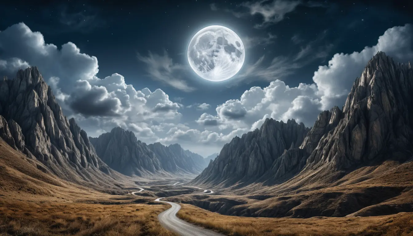 Moonlit mountain pass with ethereal heavenly clouds