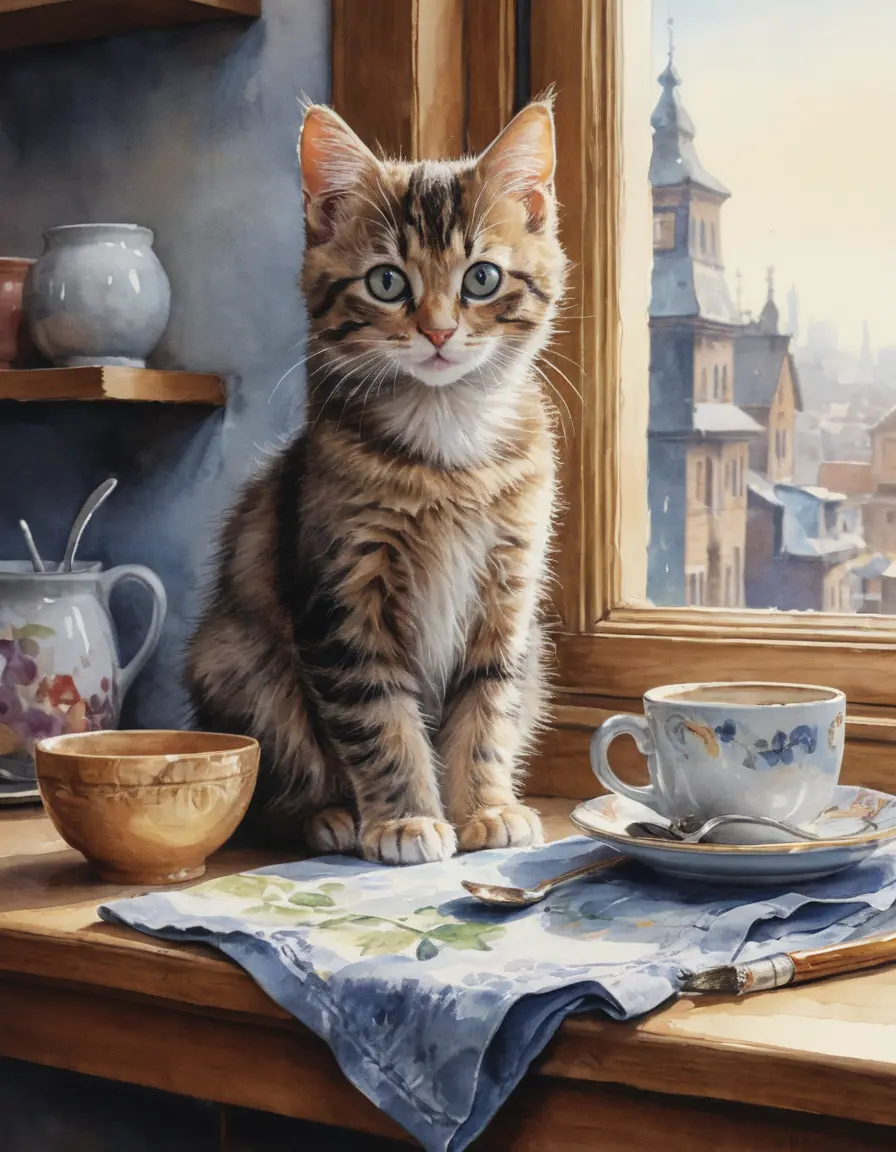 Watercolor kitten portrait looking up to start the day