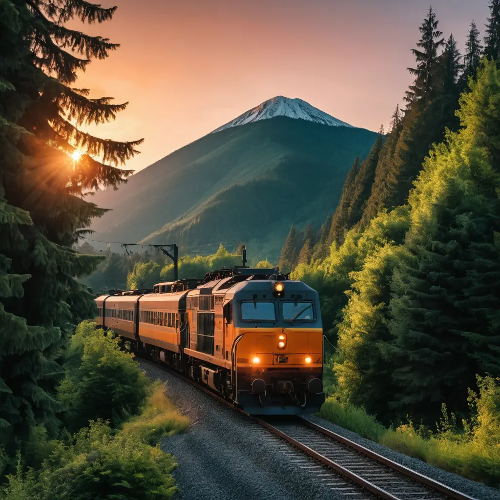 Train Passing Through Mountain Forest At Colorful Sunset