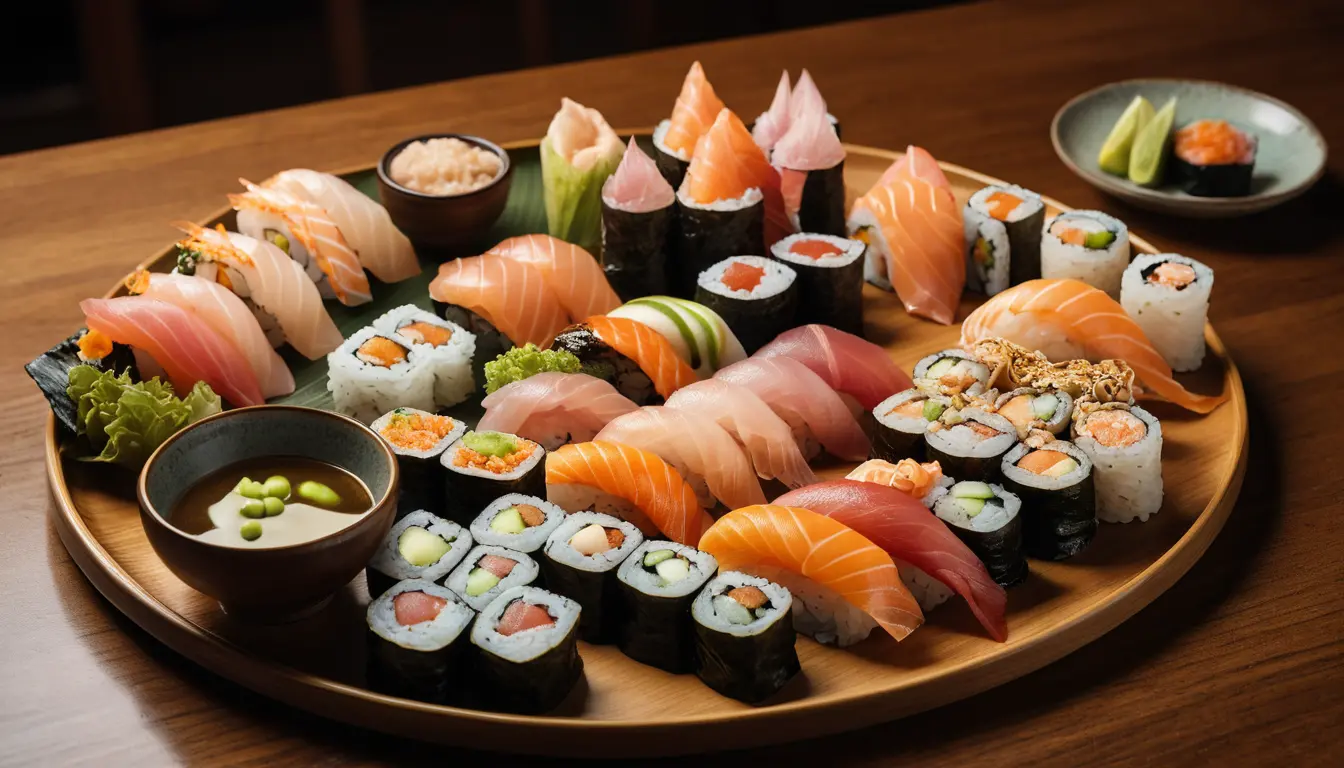 Elegant japanese sushi platter on wooden restaurant table