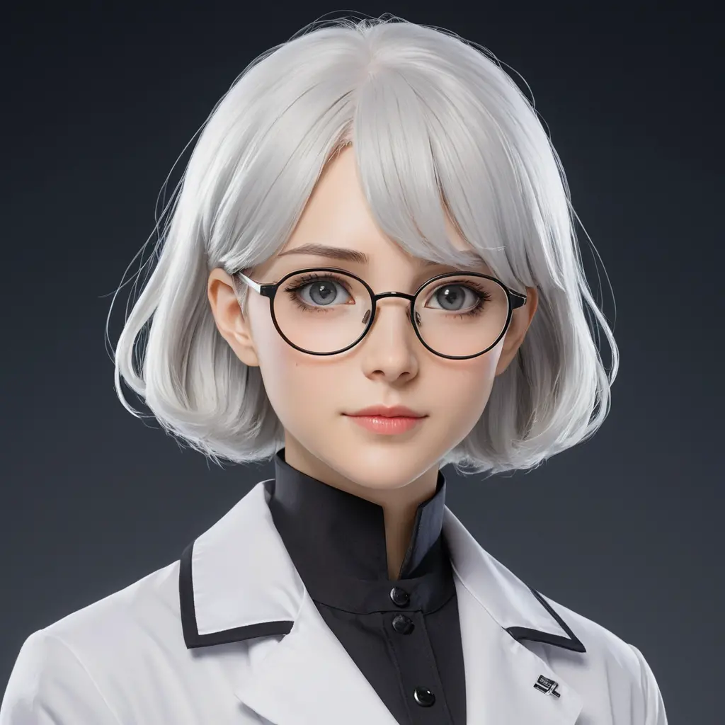 Elegant anime scientist woman with white hair and glasses