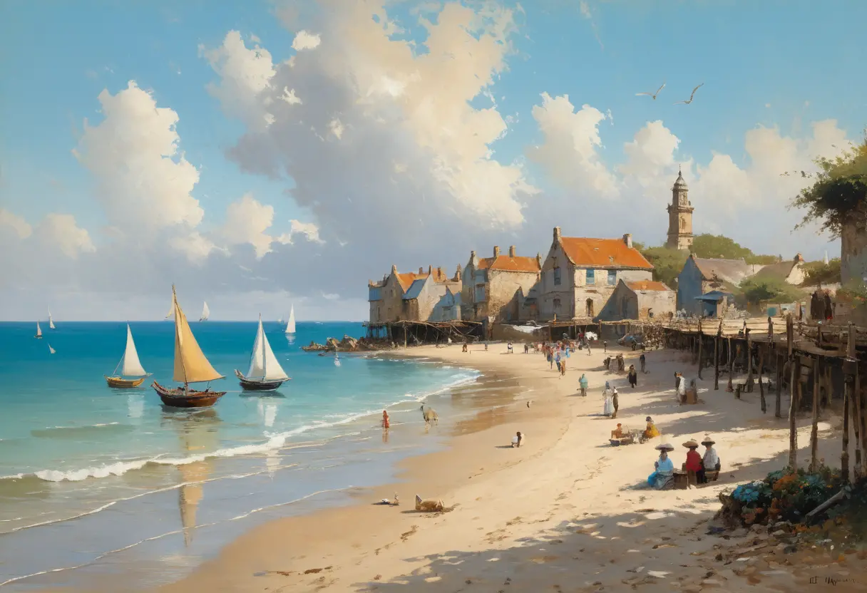 Serene nineteenth century seaside with wooden pier and boats