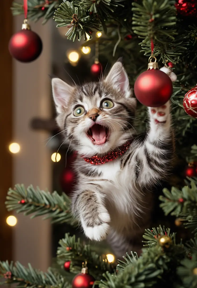 Playful tabby kitten dangling from a glowing christmas tree