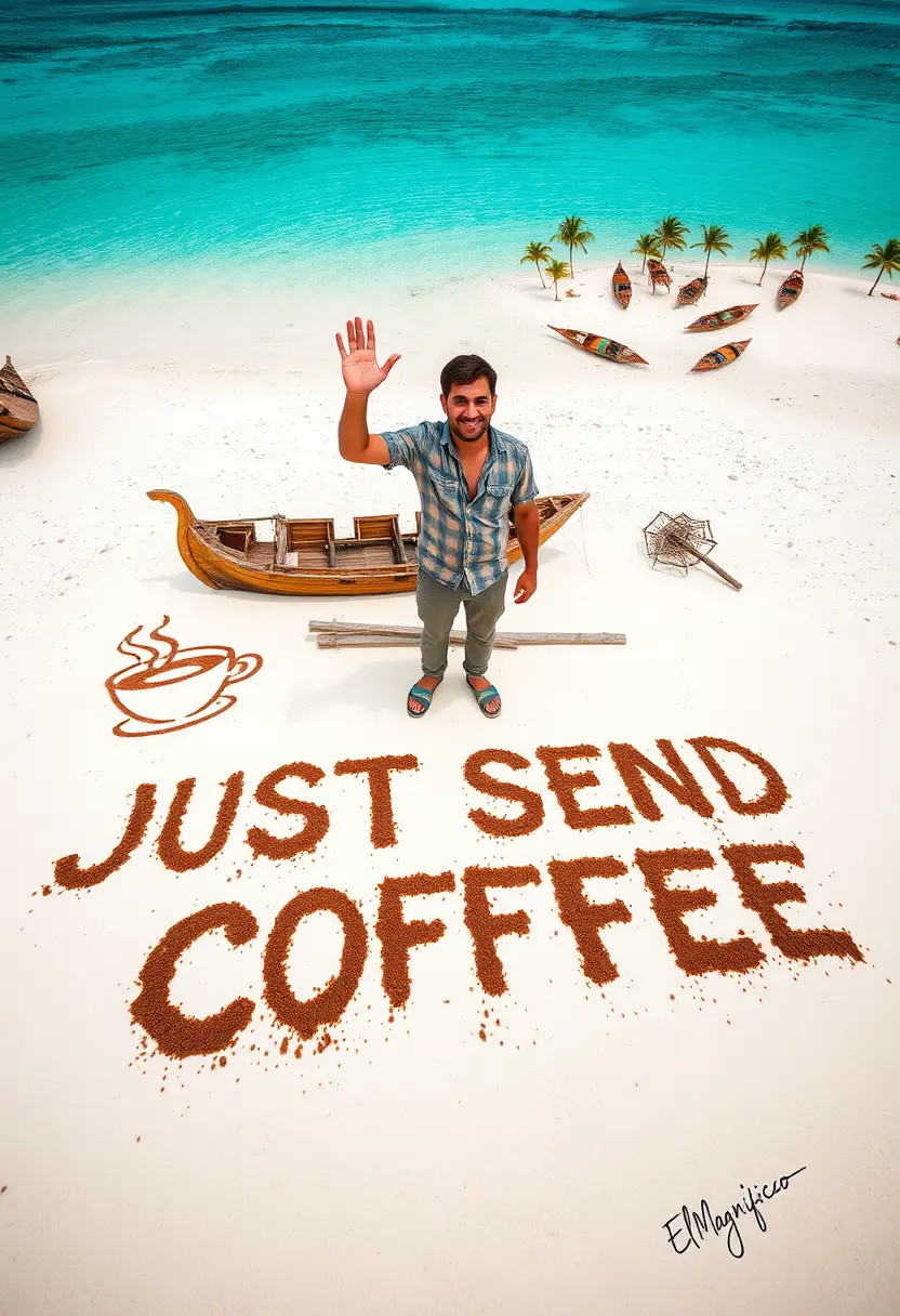 Man waving from pier on tropical coffee message beach
