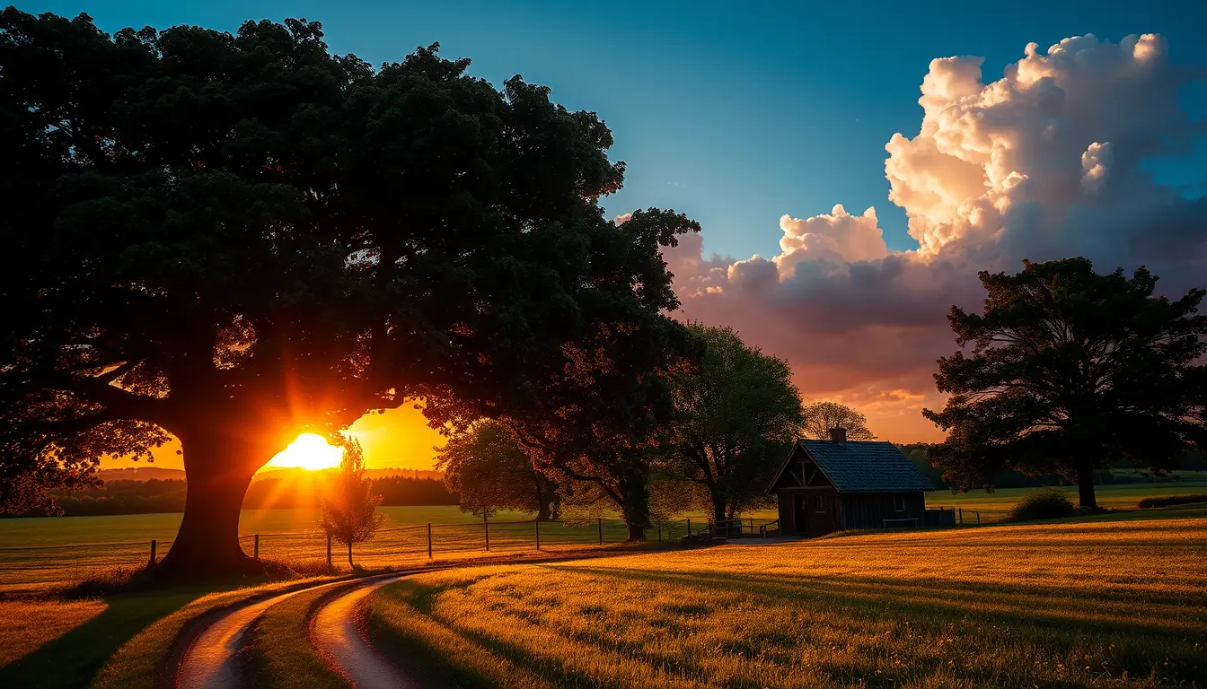 Serene countryside sunset with tree and cottage path