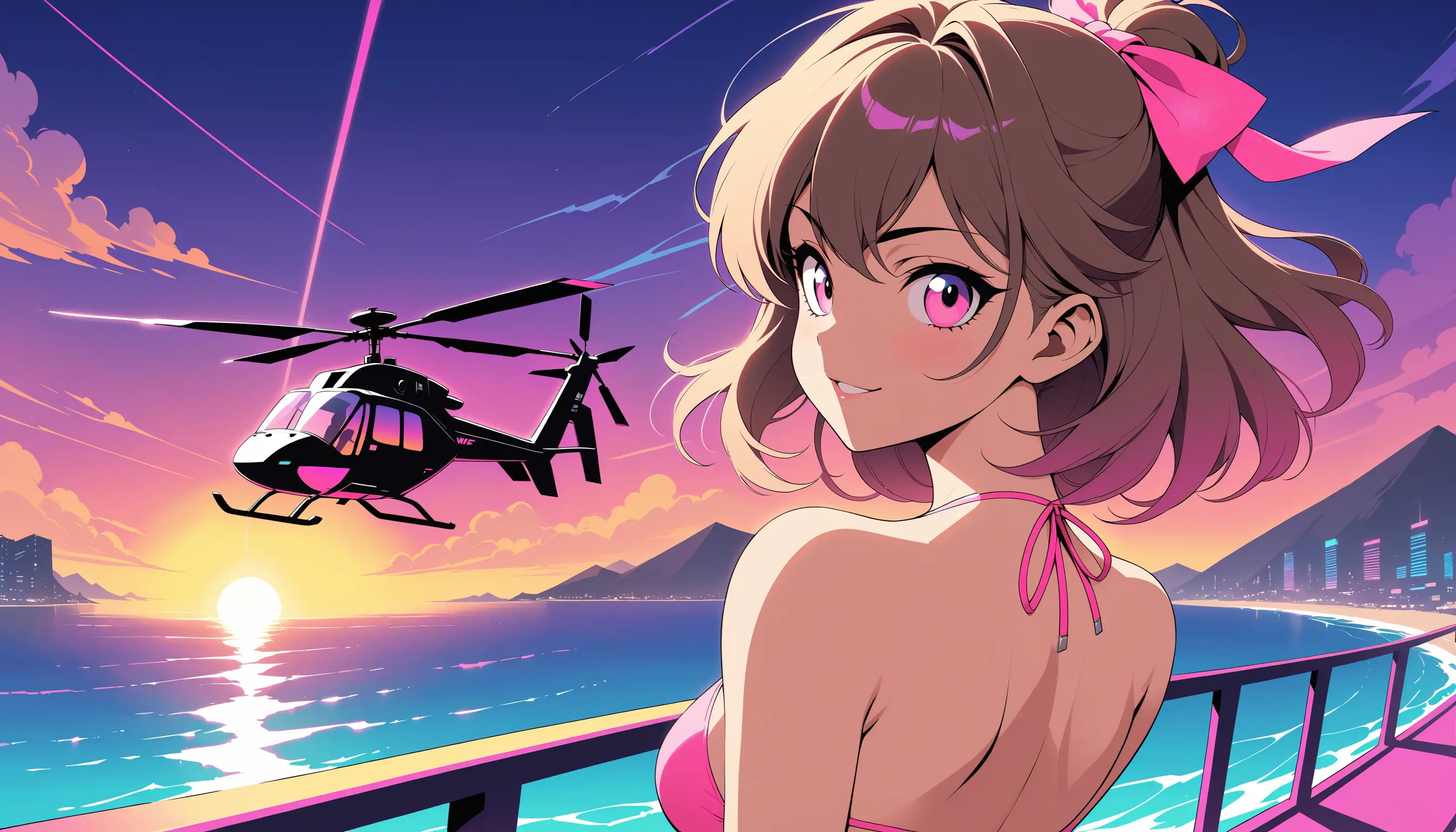 Synthwave sparrow helicopter over ocean at sunset