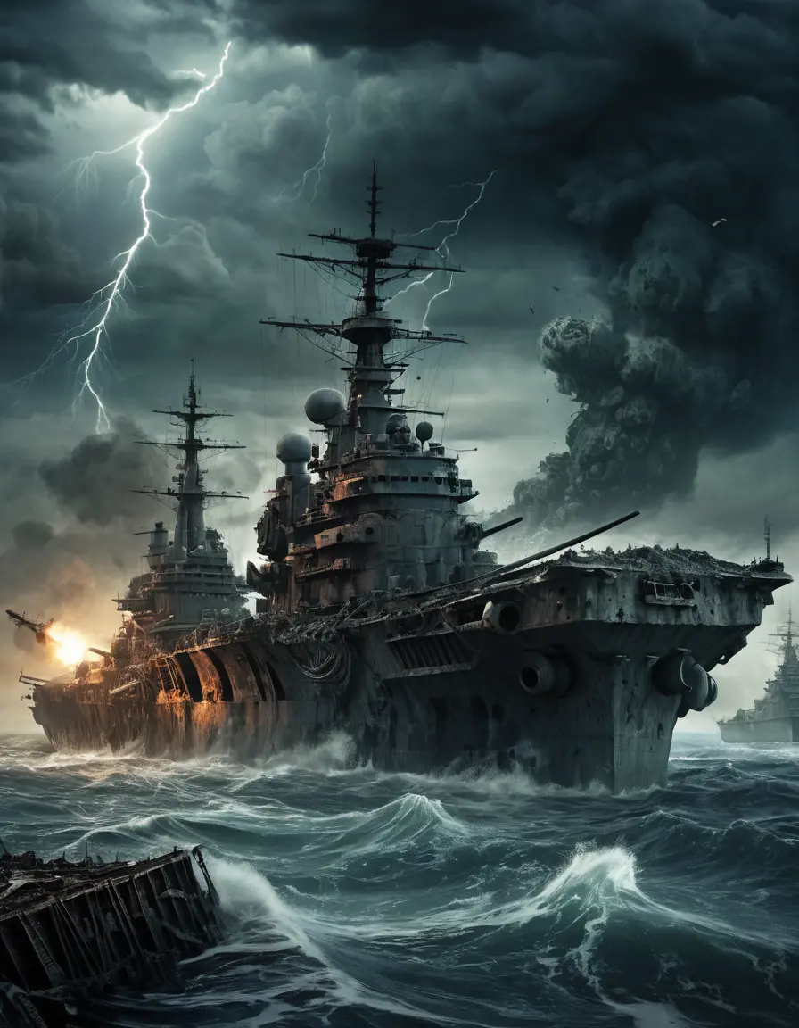 Post apocalyptic ocean warships under a stormy dark sky