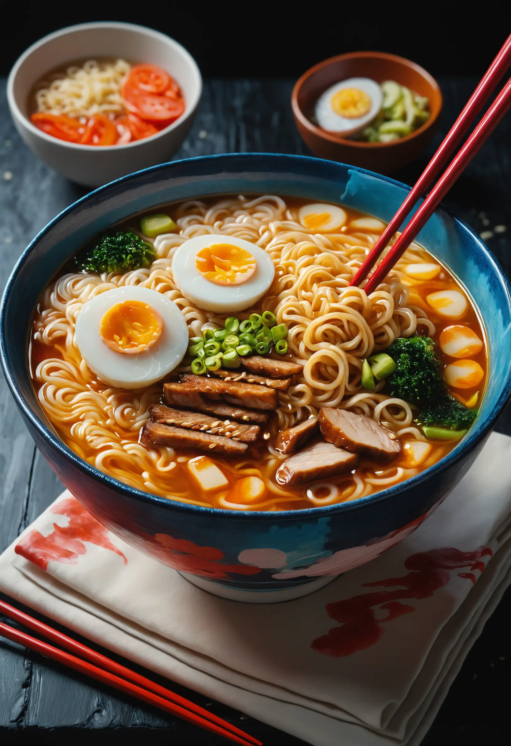 Abstract painting of colorful ramen bowl with dramatic light