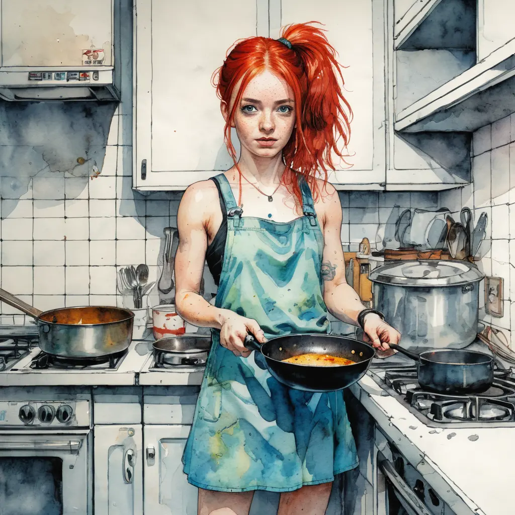 Red haired girl cooking in a manga style kitchen