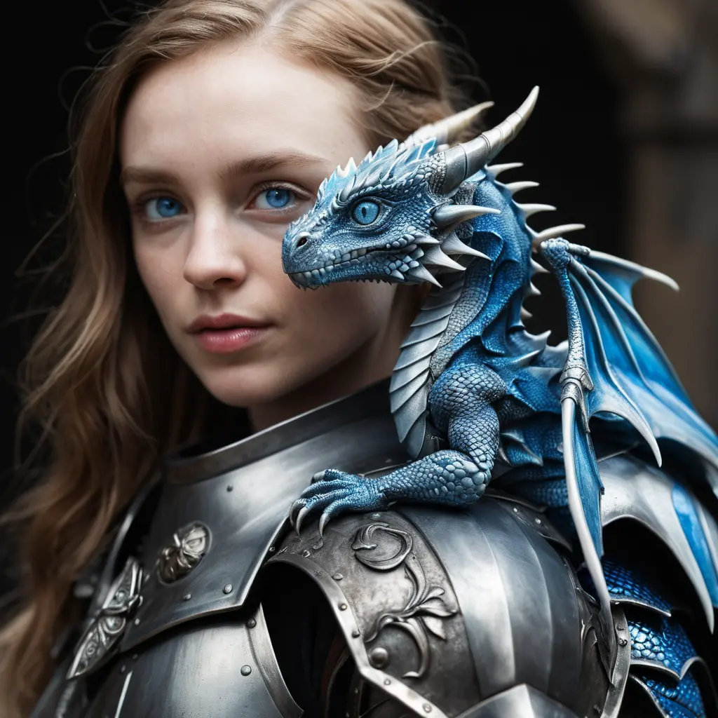 Tiny blue eyed dragon perched on armored warrior woman