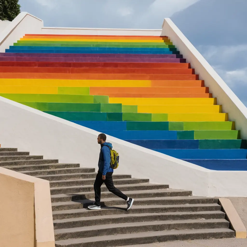 Man walking up a staircase beside colorful rainbow stairs