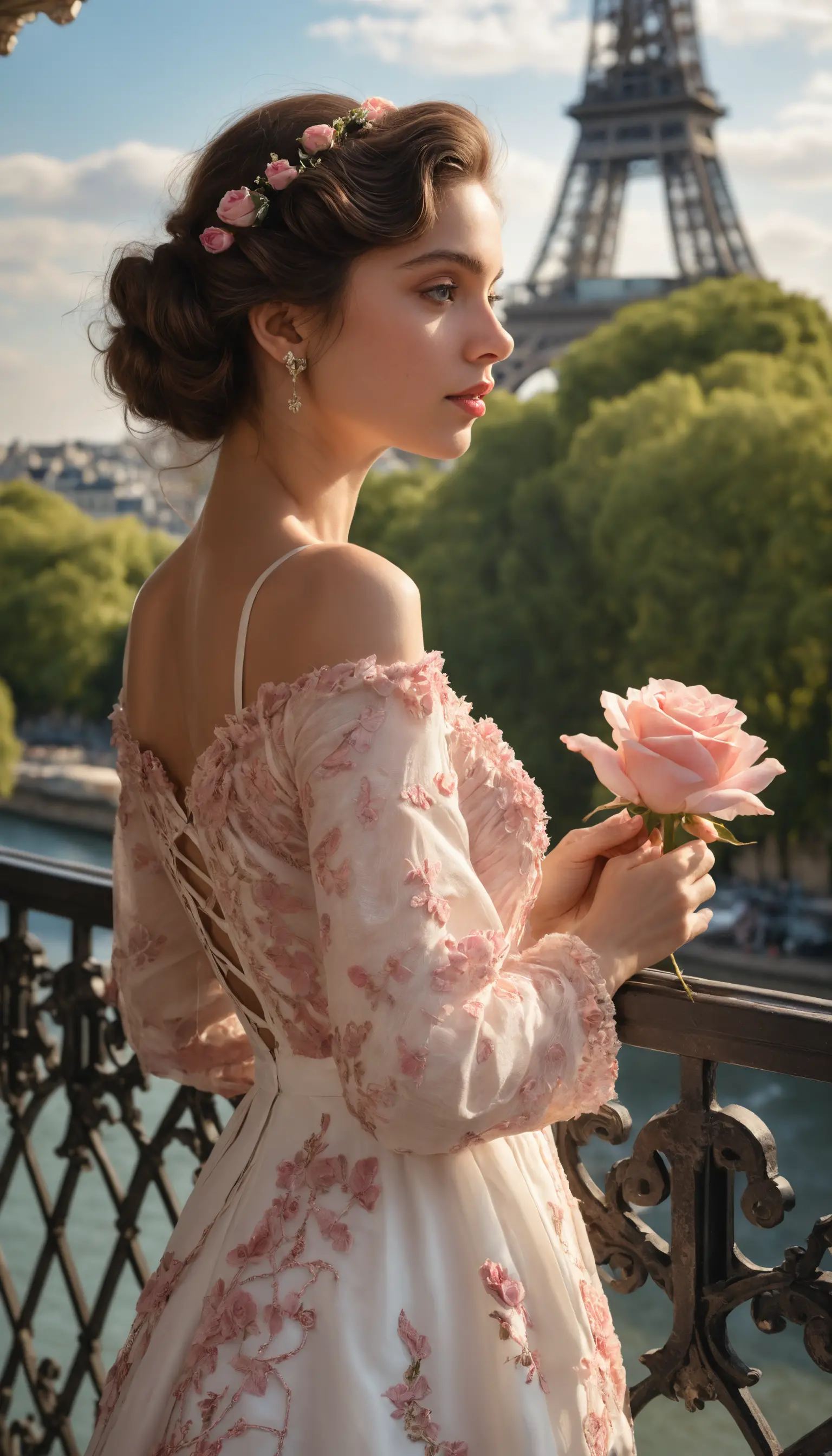 Young woman on a sunlit parisian balcony