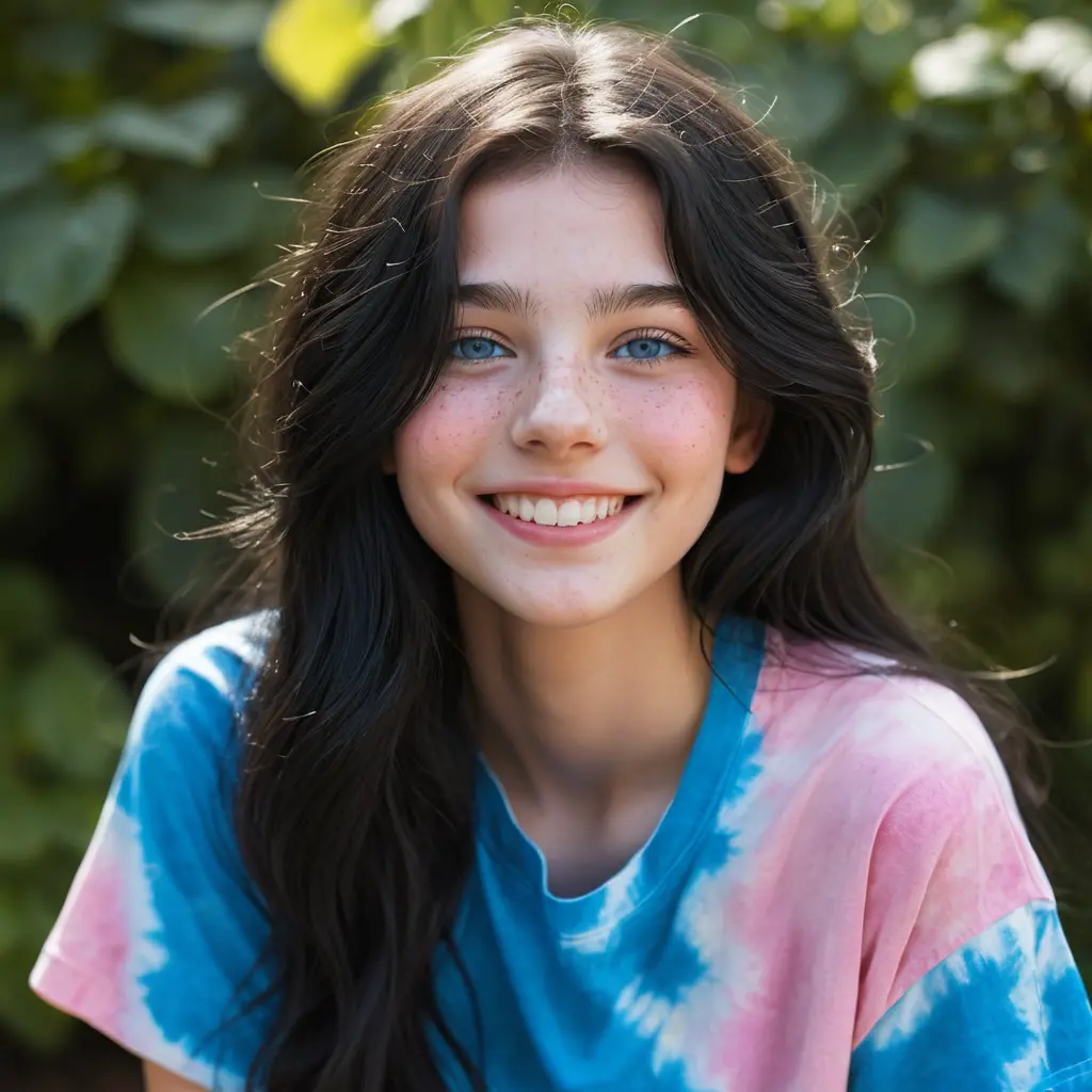Smiling blue eyed girl with long black hair