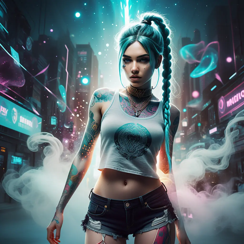 Tattooed sci fi woman in glowing neon fantasy scene
