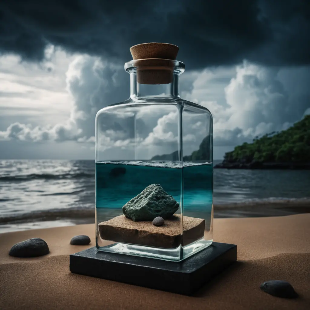 Glass bottle with clay tablet on lonely sea island