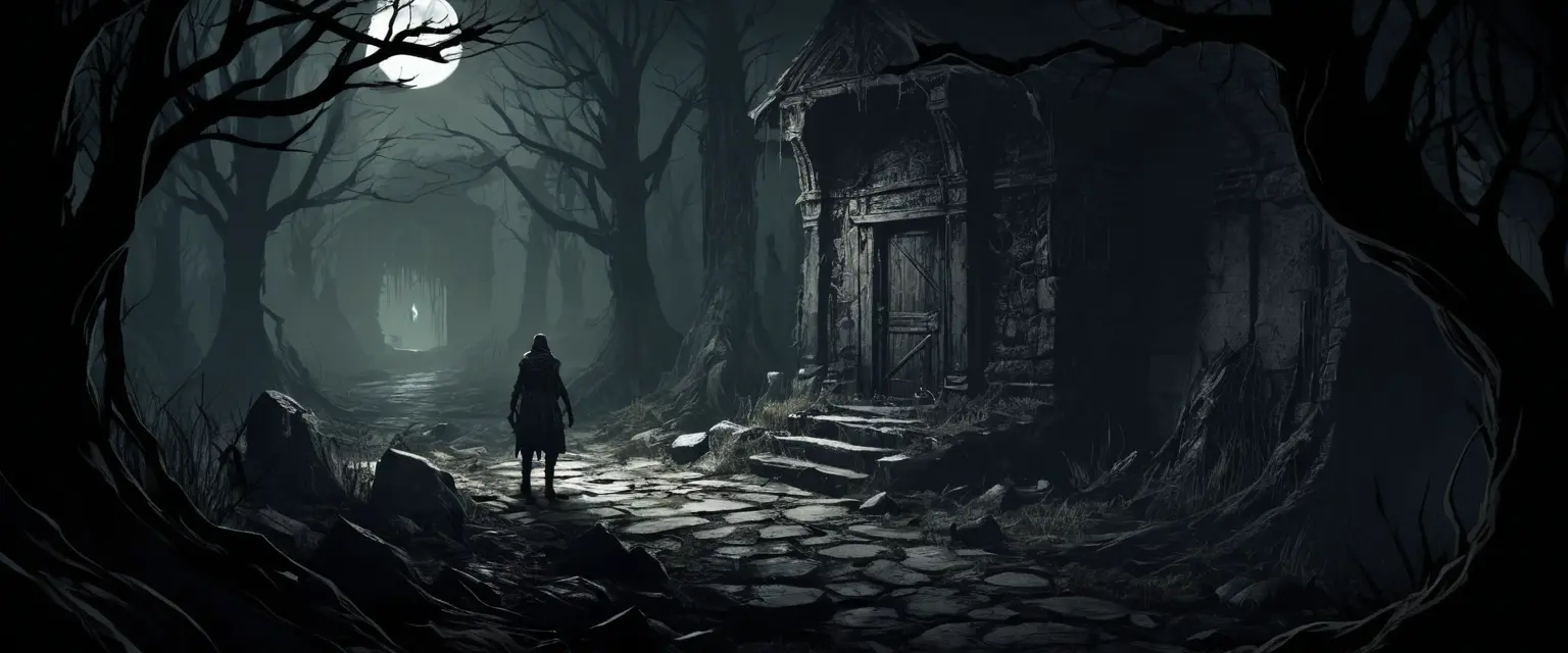 Dark cel shaded horror rpg world filled with monsters