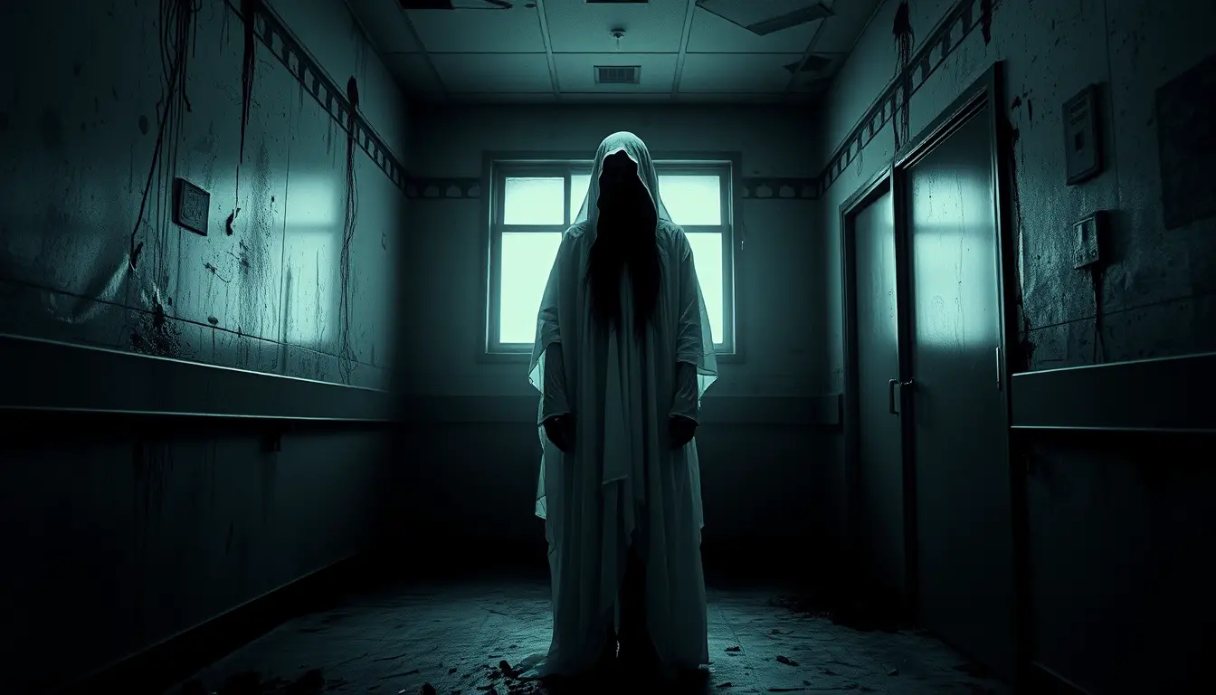 Spooky woman in abandoned hospital black and white scene