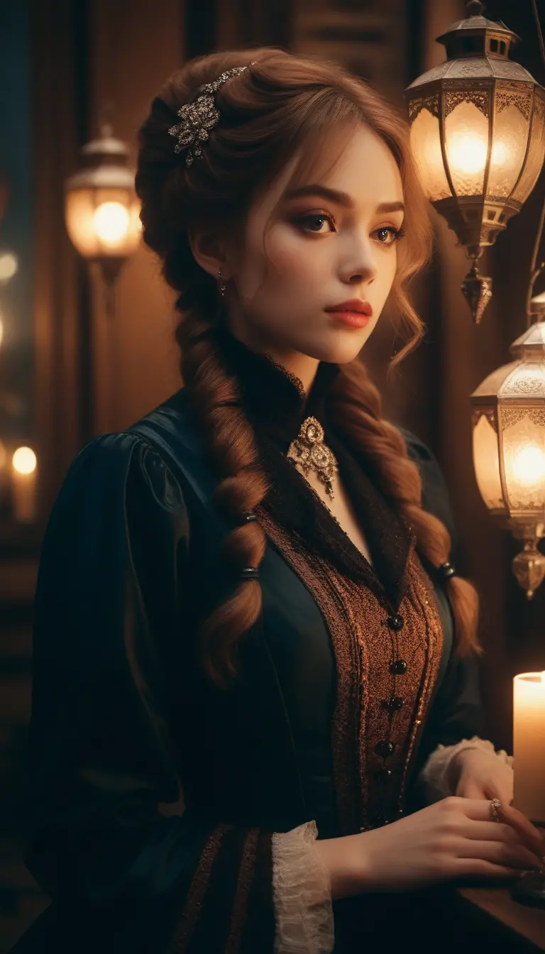 Victorian woman in candlelit cinematic anime style portrait