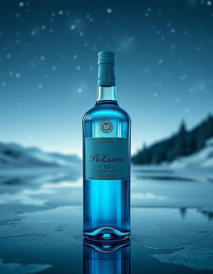 Blue glass liquor bottle on icy winter night scene