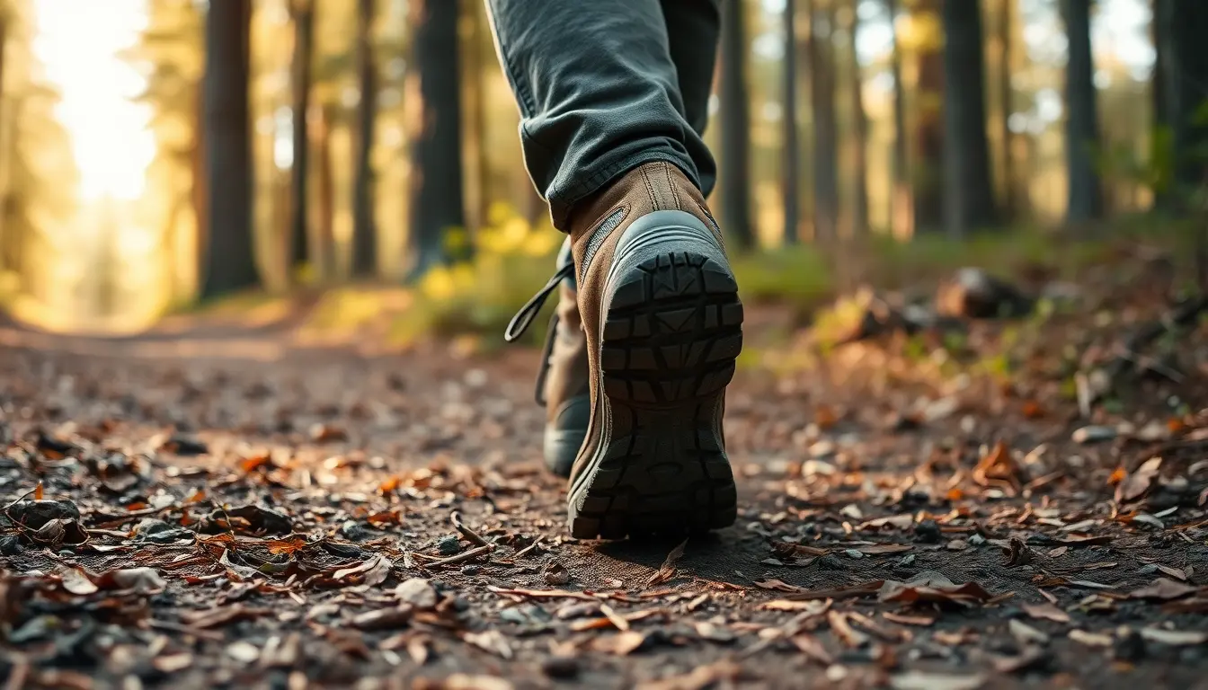 Worn hiking boots walking along a sunlit forest path